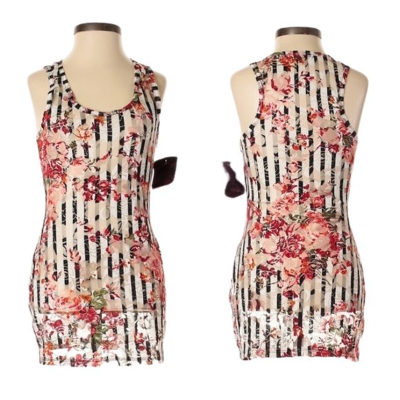 Almost Famous Multicolor Floral Black and White Striped Sheer Tank Top - Picture 3 of 8